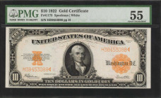 Fr. 1173. 1922 $10 Gold Certificate. PMG About Uncirculated 55.

Dark honey gold ink of the overprints stand out on this About Uncirculated Gold Cer...