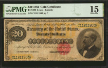 Fr. 1178. 1882 $20 Gold Certificate. PMG Choice Fine 15.

Lyons-Roberts signature combination. President Garfield is depicted at right. The reverse ...