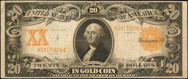 Fr. 1186. 1906 $20 Gold Certificate. Very Fine.

Pinholes are noticed on this ...