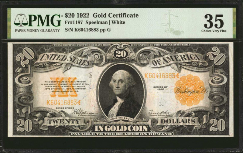 Fr. 1187. 1922 $20 Gold Certificate. PMG Choice Very Fine 35.

An always popul...