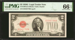 Fr. 1508. 1928G $2 Legal Tender Note. PMG Gem Uncirculated 66 EPQ.

Wide margins, bright paper and ruby red overprints are found on this Gem Deuce....