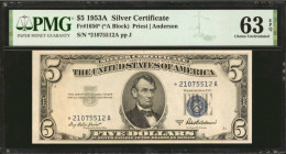 Fr. 1656*. 1953A $5 Silver Certificate Star Note. PMG Choice Uncirculated 63 EPQ.

A lovely Choice Uncirculated example of this $5 Replacement note....