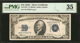 Fr. 1704*. 1934C $10 Silver Certificate Star Note. PMG Choice Very Fine 35.

Dark blue overprints are noticed on this mid-grade replacement note.
...