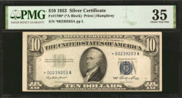 Fr. 1706*. 1953 $10 Silver Certificate Star Note. PMG Choice Very Fine 35.

A mid grade offering of this 1953 $10 Replacement note.

Estimate: USD...