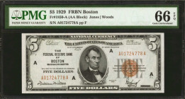 Fr. 1850-A. 1929 $5 Federal Reserve Bank Note. Boston. PMG Gem Uncirculated 66 EPQ.

An extremely attractive example of this Boston FRBN, which boas...