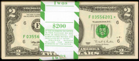 Lot of (100) Fr. 1936-F*. 1995 $2 Federal Reserve Star Notes. Atlanta. Choice Uncirculated.

Toning is found on the right end of the pack. Counting ...