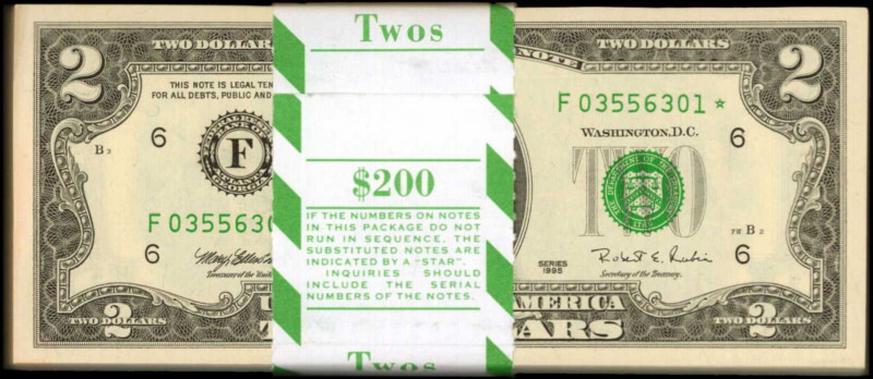 Lot of (100) Fr. 1936-F*. 1995 $2 Federal Reserve Star Notes. Atlanta. Choice Un...