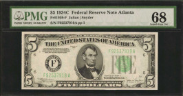 Fr. 1959-F. 1934C $5 Federal Reserve Note. Atlanta. PMG Superb Gem Uncirculated 68.

A lofty Superb Gem grade is found on this Atlanta $5 FRN. The p...