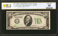 Fr. 2006-G*. 1934A $10 Federal Reserve Star Note. Chicago. PCGS Banknote Very Fine 30.

Dark green overprints stand out on this 1934A Chicago replac...