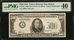 Fr. 2201-Adgs. 1934 $500 Federal Reserve Note. Boston. PMG Extremely Fine 40.

A dark green seal variety of this mid grade Boston high denomination ...