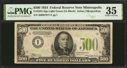 Fr. 2201-Ilgs. 1934 $500 Federal Reserve Note. Minneapolis. PMG Choice Very Fine 35.

A light green seal example of this $500 note which hails from ...