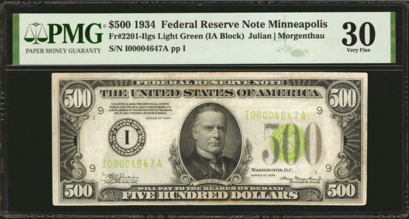 Fr. 2201-Ilgs. 1934 $500 Federal Reserve Note. Minneapolis. PMG Very Fine 30.
...