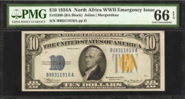 Fr. 2309. 1934A $10 North Africa Emergency Note. PMG Gem Uncirculated 66 EPQ.

Attractive embossing stands out through the third party holder of thi...