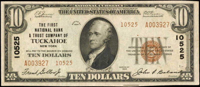 Tuckahoe, New York. 1929 Ty. 2 $10 Fr. 1801-1. The First NB & TC. Charter #10525...