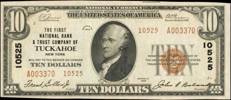 Tuckahoe, New York. 1929 Ty. 2 $10 Fr. 1801-2. The First NB & TC. Charter #10525...