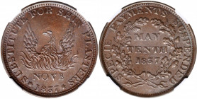 1837 May Tenth. HT-66A, Low-47, W-11-320a. Rarity-1. Copper. Plain Edge. Medallic Alignment. MS-64 BN (NGC).

28 mm.

Estimate: USD 100