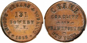New York--New York. 1863 Carsten Bahr. Fuld-630C-11a. Rarity-4. Copper. Plain Edge. AU-55 (PCGS).

19 mm.

Estimate: USD 100