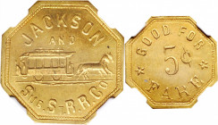 Tennessee--Jackson. Undated Jackson and Sub. St. R.R. Co. 5 Cents. Atwood-TN 375A. Brass. Plain Edge. MS-64 (NGC).

22 mm, octagonal.

Estimate: U...