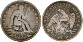1853 "Potty" Liberty Seated Quarter. Arrows and Rays. Fine-12 (ICG).

Estimate: USD 100