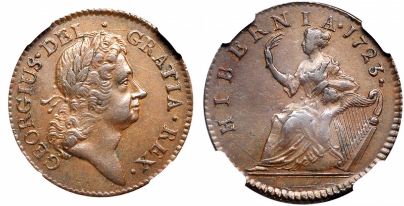 1723 Wood's Hibernia Halfpenny. AU-58 BN (NGC).

PCGS# 180. NGC ID: 2ATD.

F...