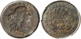 1804 Draped Bust Half Cent. C-13. Plain 4, Stemless Wreath. AU-55 (PCGS). Retro Doily Holder.

PCGS# 35176. NGC ID: 222F.

Estimate: USD 400