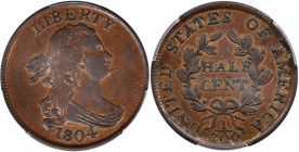 1804 Draped Bust Half Cent. Spiked Chin. AU Details--Scratch (PCGS).

PCGS# 1075. NGC ID: 222G.

From the Collection of Dr. Frances W. Constable....