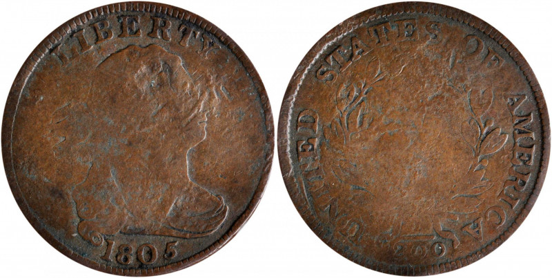1805 Draped Bust Half Cent. C-2. Rarity-5. Small 5, Stems to Wreath. Very Good, ...