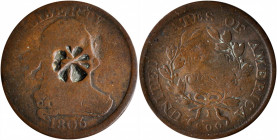 1806 Draped Bust Half Cent. C-2. Rarity-4. Small 6, Stems to Wreath. Good, Counterstamped.

With a star counterstamp in the center of the obverse.
...