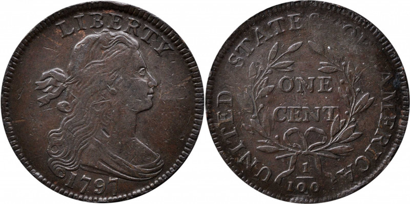 1797 Draped Bust Cent. S-138. Rarity-1. Reverse of 1797, Stems to Wreath. Fine, ...