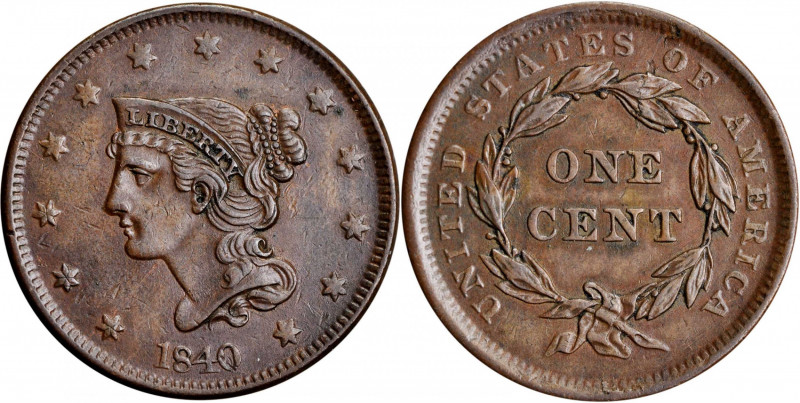 1840 Braided Hair Cent. N-6. Rarity-1. Large Date. About Uncirculated.

PCGS# ...