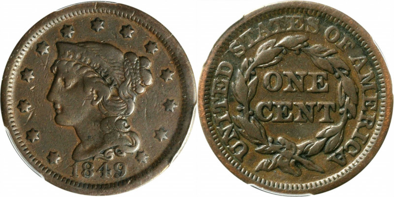 1849 Braided Hair Cent. VF-20 (PCGS).

PCGS# 1886. NGC ID: 226F.

Estimate: ...