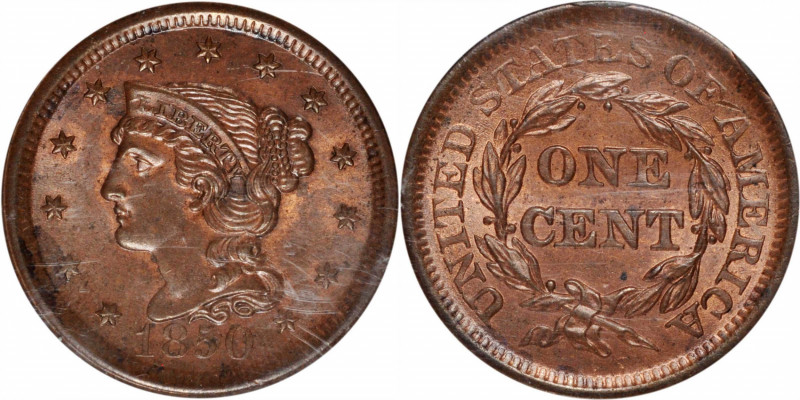 1850 Braided Hair Cent. MS-64 RB (PCGS). OGH.

PCGS# 1890. NGC ID: 226G.

Es...