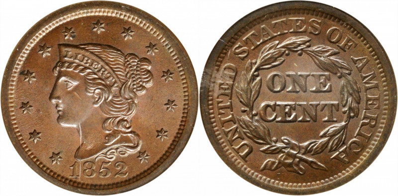 1852 Braided Hair Cent. MS-64 BN (NGC).

PCGS# 1898. NGC ID: 226J.

Estimate...
