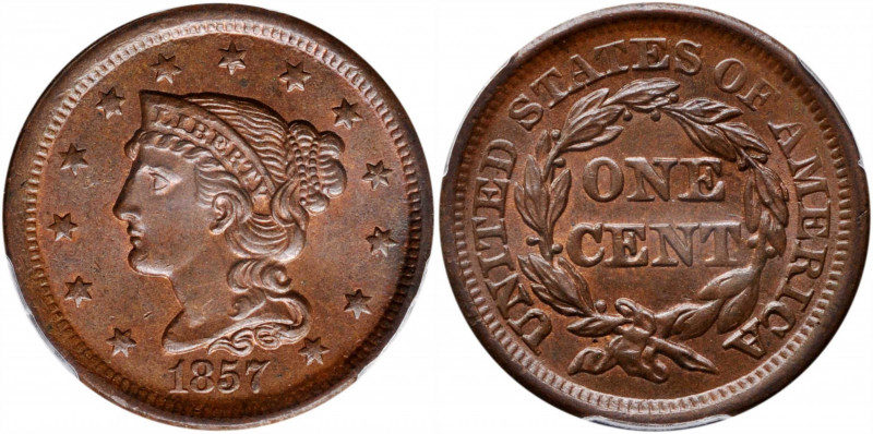 1857 Braided Hair Cent. Small Date. MS-64 BN (PCGS).

PCGS# 1931.

From the ...
