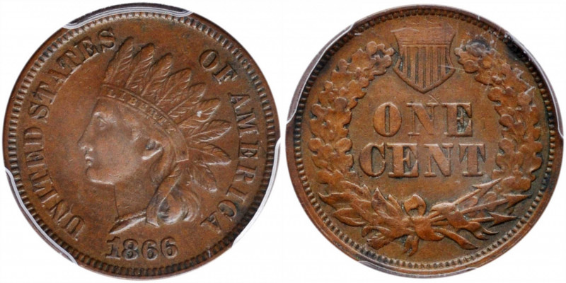 1866 Indian Cent. Snow-5. Repunched Date. EF-40 (PCGS).

PCGS# 2085. NGC ID: 2...