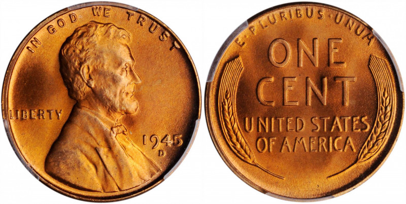 1945-D Lincoln Cent. MS-67+ RD (PCGS). CAC.

PCGS# 2737. NGC ID: 22EH.

Esti...