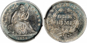 1838 Liberty Seated Dime. No Drapery. Large Stars. AU-55 (PCGS).

PCGS# 4568. NGC ID: 237U.

Estimate: USD 250