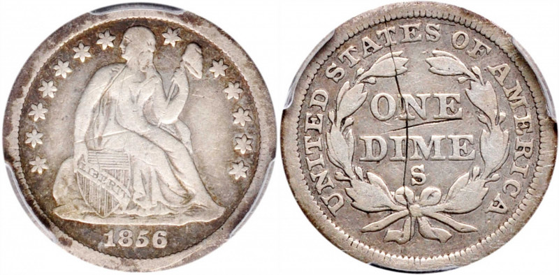 1856-S Liberty Seated Dime. Fortin-101. Large S. Fine Details--Scratch (PCGS).
...