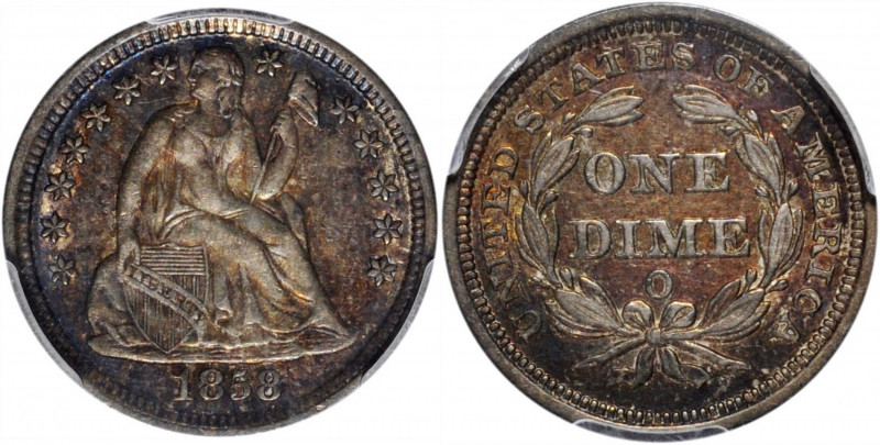 1858-O Liberty Seated Dime. AU-55 (PCGS).

PCGS# 4617. NGC ID: 2392.

Estima...
