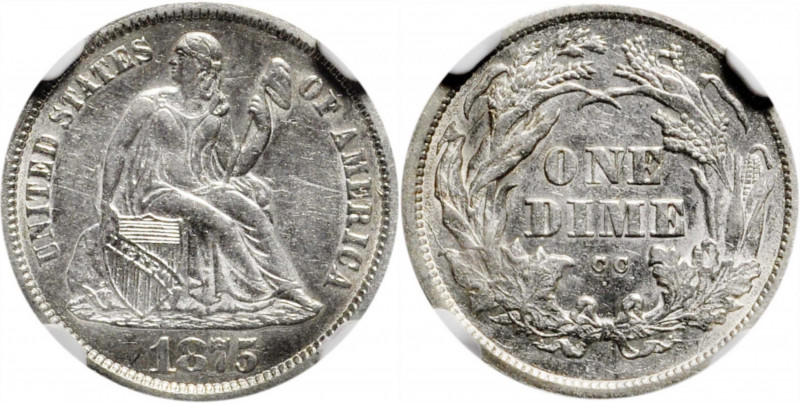 1875-CC Liberty Seated Dime. Mintmark Above Bow. AU-53 (NGC).

PCGS# 4673. NGC...