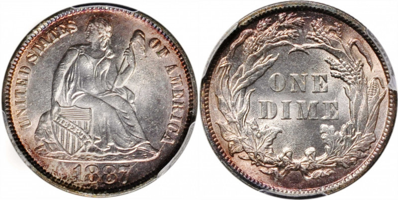 1887 Liberty Seated Dime. MS-63 (PCGS).

PCGS# 4698. NGC ID: 23B5.

Estimate...