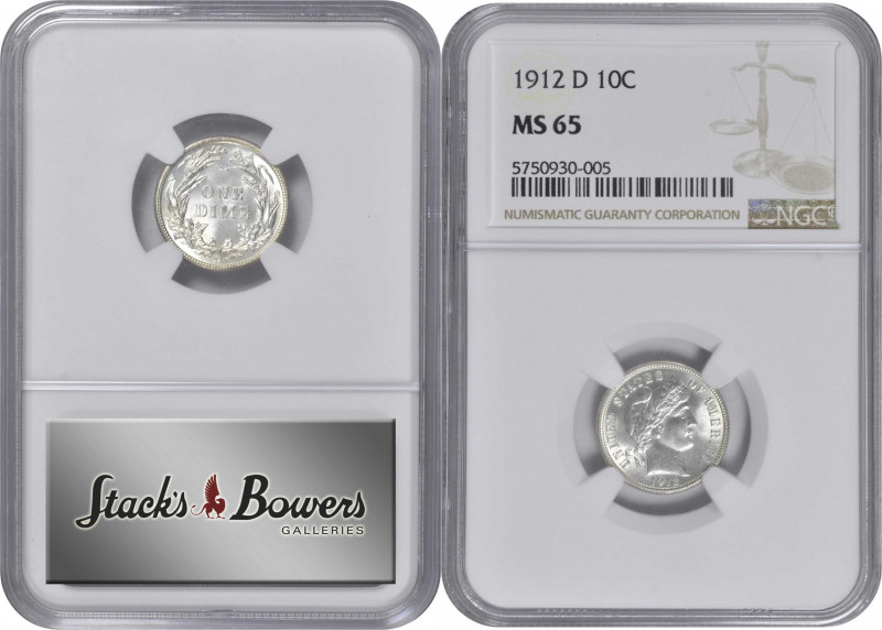 1912-D Barber Dime. MS-65 (NGC).

PCGS# 4861. NGC ID: 23FN.

Estimate: USD 4...