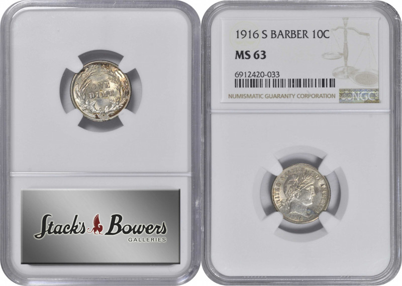 1916-S Barber Dime. MS-63 (NGC).

PCGS# 4871. NGC ID: 23FZ.

Estimate: USD 1...