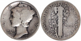 1916-D Mercury Dime. Good-6 (PCGS).

PCGS# 4906. NGC ID: 23GY.

Estimate: USD 800
