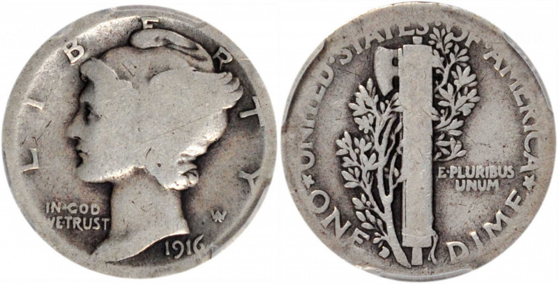 1916-D Mercury Dime. AG-3 (PCGS).

PCGS# 4906. NGC ID: 23GY.

Estimate: USD ...
