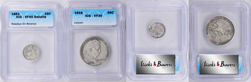 Lot of (2) Silver Type Coins. (ICG).

Included are: 1861 Liberty Seated dime, ...
