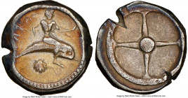CALABRIA. Tarentum. Ca. 480-450 BC. AR didrachm (18mm, 7.89 gm). NGC Choice VF 4/5 - 4/5. TARAΣ (retrograde), Taras astride dolphin right, left hand o...