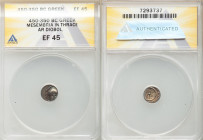 THRACE. Mesambria. Ca. 400-300 BC. AR diobol (10mm, 11h). ANACS XF 45. Crested Corinthian helmet facing; pellet to left, I to right, between crests an...