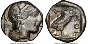 ATTICA. Athens. Ca. 440-404 BC. AR tetradrachm (25mm, 17.18 gm, 10h). NGC AU 4/5 - 5/5. Mid-mass coinage issue. Head of Athena right, wearing earring,...