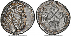ACHAEAN LEAGUE. Sparta. Ca. 1st century BC. AR hemidrachm (15mm, 2.49 gm, 6h). NGC Choice VF 4/5 - 4/5. Ca. 85 BC. Laureate head of Zeus to right / La...